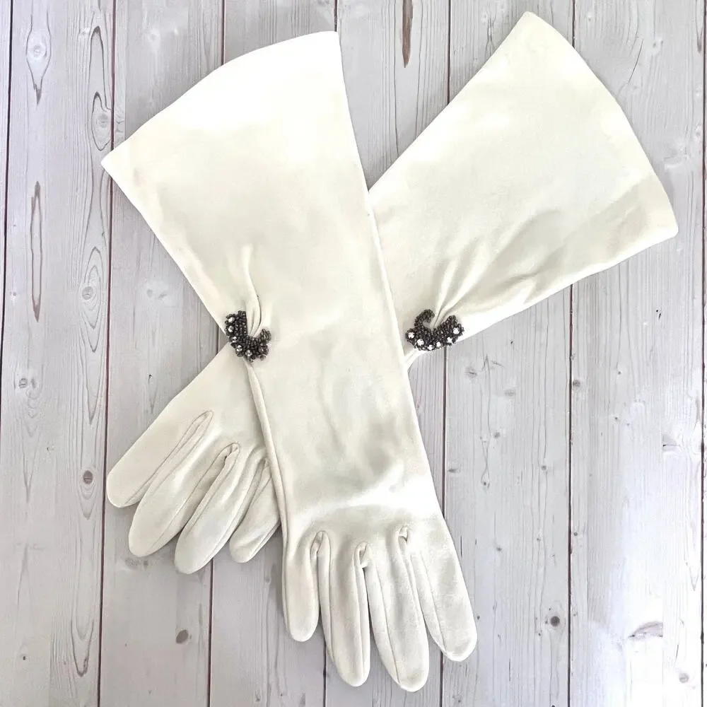 Vintage Mid-Length Fabric Gloves Off-White Embellished Wrist Elvette by Dawnelle
